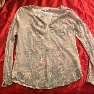 Women's Long Sleeve Floral Henley Top - Taupe with Pink Accents